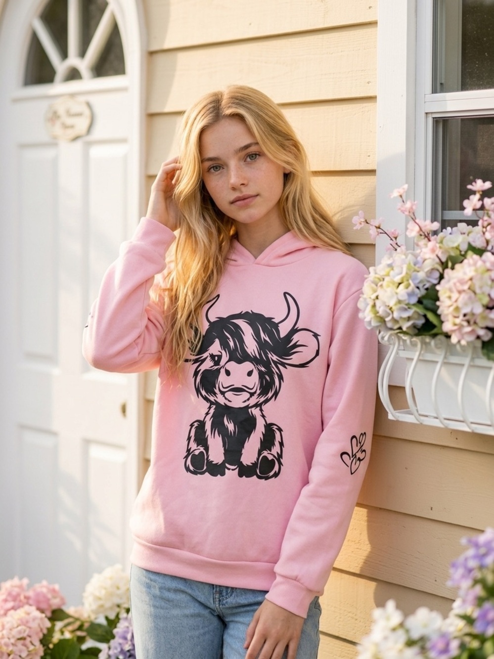Pink Hoodie with Graphic Cow Print NWOT